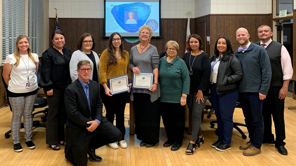 Fillmore Middle School Principal Carlos Valdovinos recognized Community Liaison Karina Contreras and teacher Jayne Flowers, 6th Grade English/History, for their excellent work during his presentation updating the board and community on programs, activities and initiatives taking place during Fillmore Middle School’s 2022-2023 school year. Courtesy Fillmore Unified School District Blog.