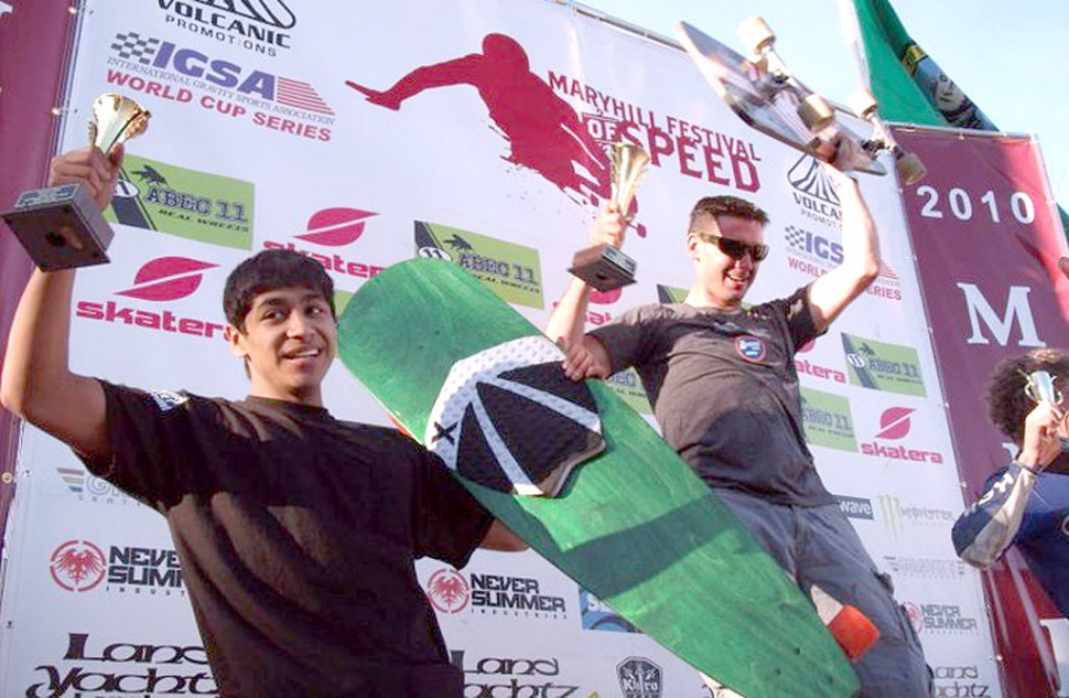 Pictured above (l-r) Kyle Castaneda and Andy Lally. Castaneda placed second in Classic Luge. Fillmore High School Seniors, Kyle Castaneda and Christian Conaway participated in the Maryhill Festival of Speed/IGSA World Cup held June 30th - July 4th in Goldendale, Washington. Kyle Castaneda won 2nd place in Classic Luge and also took 5th place in Street Luge. Castaneda gave Nascar driver Andy Lally who took 1st place a very exciting and competitive race. To close out the day on Saturday, the Maryhill Festival of Speed organizers staged “King of the Hill” races for the top six qualifiers in both Downhill Skateboarding and Street Luge. Christian Conaway was given the title of “King of the Hill” in a qualifying race.