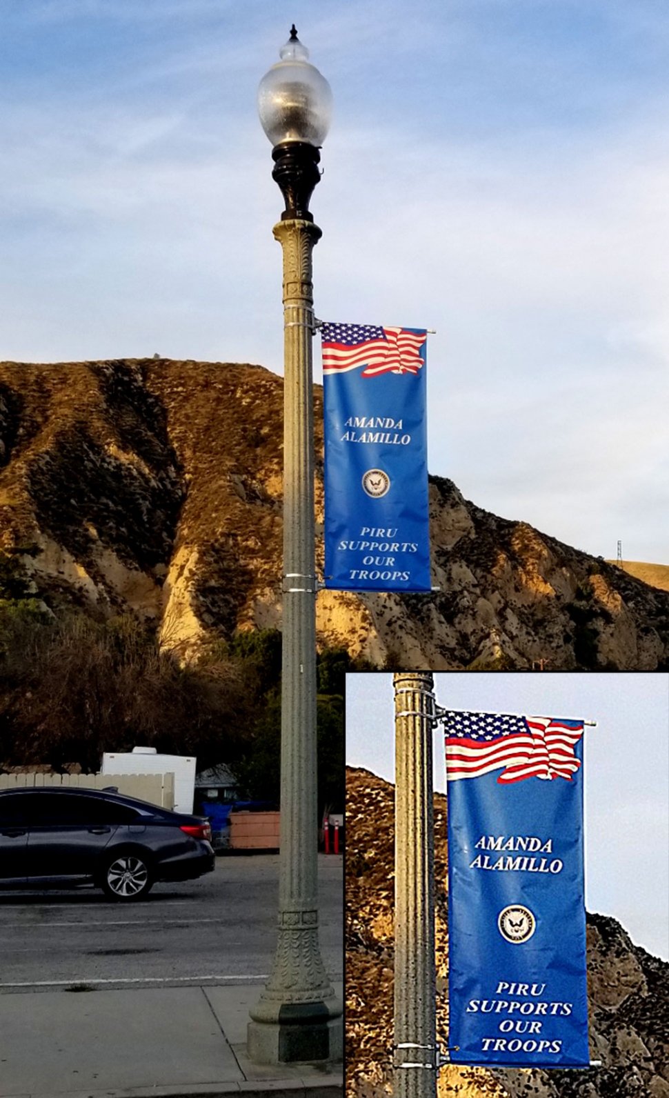 If you walk down Center Street in Piru and take a look up at the streetlights you will see military banners hanging in honor of those serving or who have served our country from the Piru community. Inset is a close up of what the banners look like, each banner reads “Piru Supports our Troops” with the service person’s name displayed.