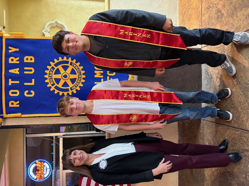 A few years ago, Rotarian Kelli Couse and her husband realized, after attending graduation, that students going into the military were not recognized so they decided to do something about it. Kelli introduced two students who will be going into the military and presented them with military sashes, they will wear at graduation. These two are Aiden Dawson and Marcos Jimenez; they are both going into the US Marines. Pictured (l-r) is Rotarian Kelli Couse, Aiden Dawson, and Marcos Jimenez. Photo credit Martha Richardson.
