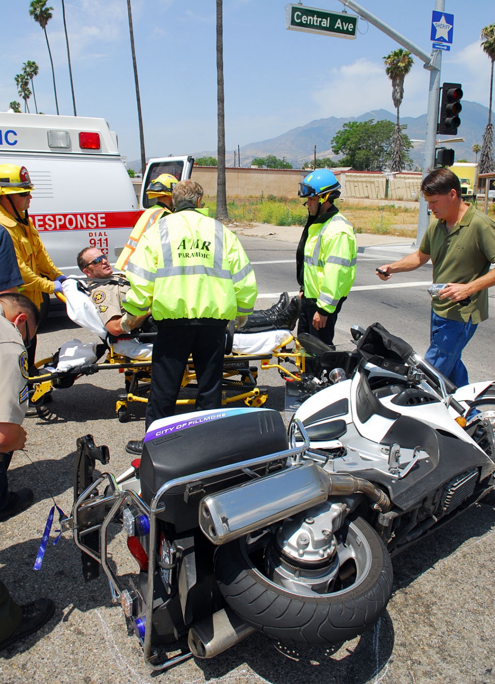 Sheriff’s Deputy Tony Biter suffered minor injuries following a traffi c collision at the intersection of Hwy. 126 and Central Ave., Monday. A motorist accidentally turned in front of his motorcycle. He is recovering at home.