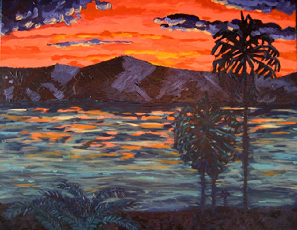 “Purple Mountian Sunset” by Emily Thompson, acrylic on canvas.