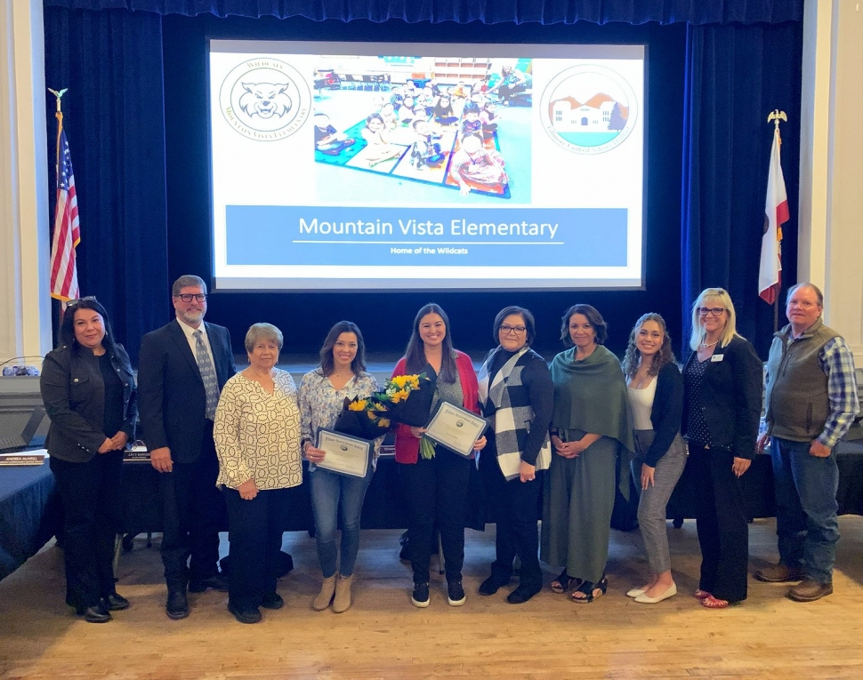 At the December 5, 2023, Fillmore Unified Board Meeting, Principal Christine McDaniels presented Mountain Vista Elementary school program highlights and recognized Elementary Attendance Tech Erica Garcia, and 5th Grade Teacher Rachel Hoffman. Thank you for everything you do for our students! Photo courtesy https://www.blog.fillmoreusd.org/fillmore-unified-school-district-blog/2023/12/8/mountain-vista-staff-recognized.