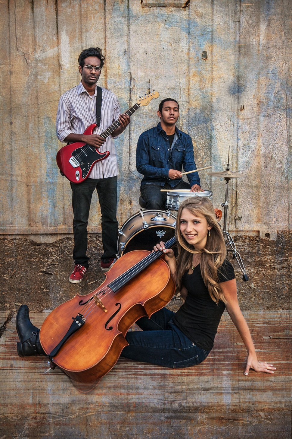 Cal LuPalooza performers Abhi Sridharan Vaidehi on guitar, Edward Hill on drums and Lauren Hesterman on cello. Photo by Brian Stethem.