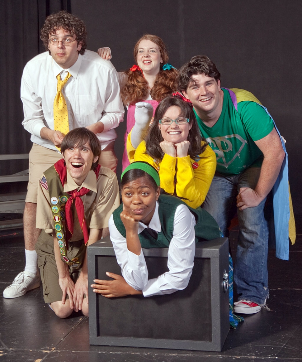 (Clockwise, starting with actress on the cube) The stars are Chaz Hodges, Eric Groth, Alex Greene, Sarah de la Garrique, Jeremy Hanna and Beth Palko.