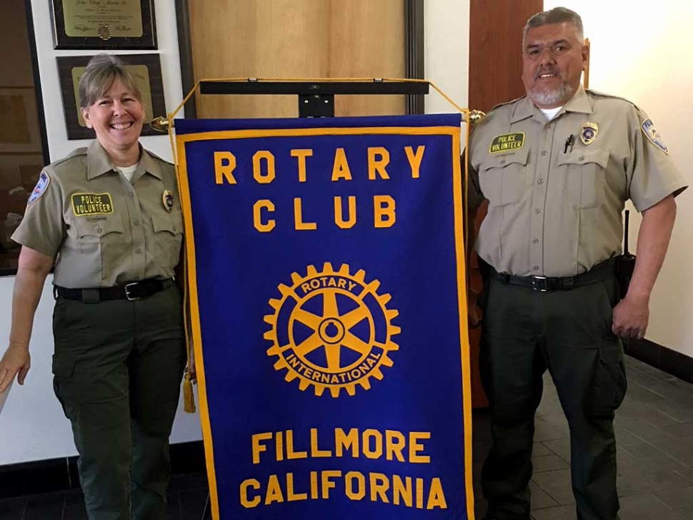 Lisa Hammond and Ray Medrano from the Citizens Patrol gave a presentation last week to Fillmore Rotary Club. They spoke on the main purpose of the Citizens Patrol, which is crime protection by civilian volunteers. They help the local Sheriff’s Department by being the eyes and ears throughout Fillmore, Piru and Bardsdale. When they are on patrol they report any suspicious activity to the Sherifff’s Dept. They also help work security for local parades, high school proms, and work Bike Rodeo, as well as traffic control. They work a fireworks booth with the Explorers Club so that they can raise money for scholarships. Courtesy Martha Richardson.