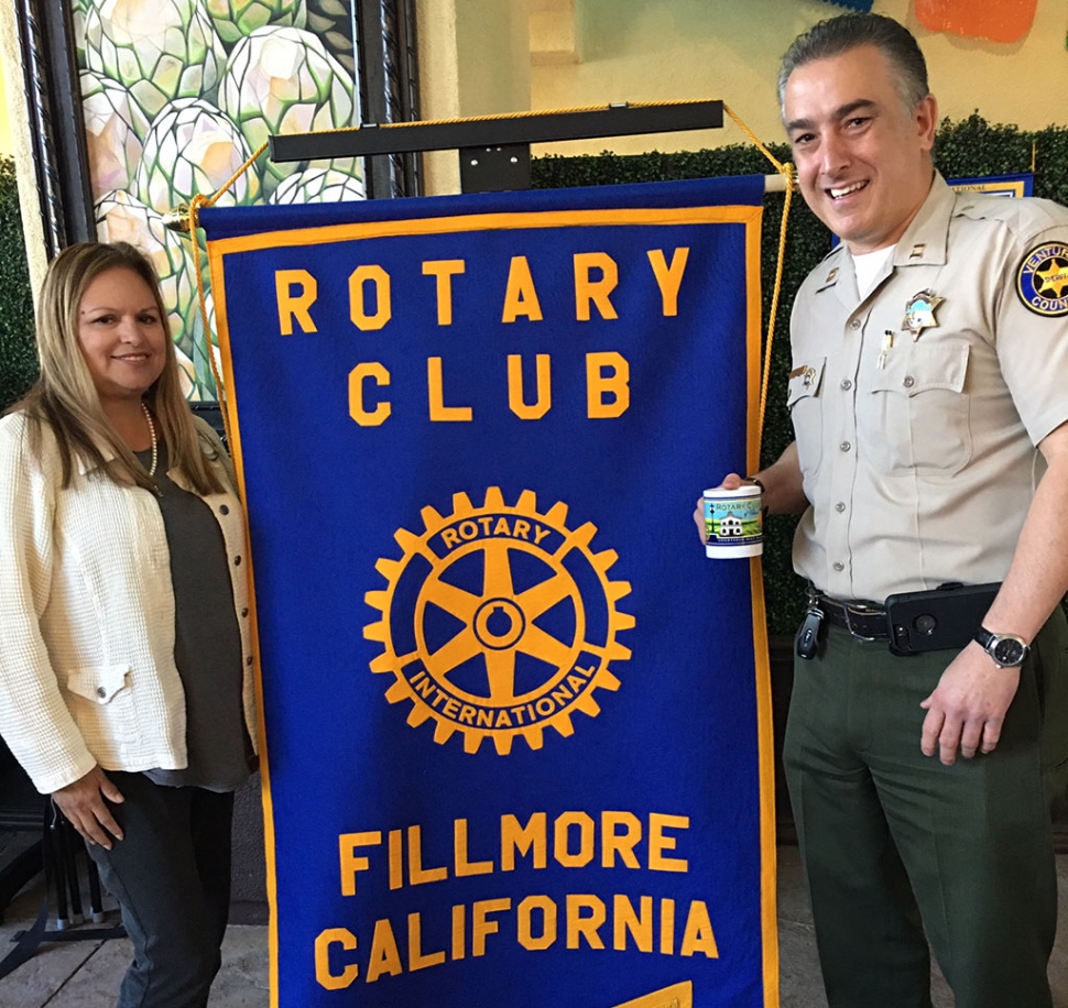 Pictured is Rotary President Ari Larson with Police Chief Garo Kuredjian was the speaker at Rotary last week. He talked about Armenia, where his ancestors were from. It is a small country near Turkey and is the oldest Christian nation in the world. It is about the size of New Hampshire and is mostly farming. Garo talked about his Grandmother, who took care of orphans and was killed during the genocide. He has visited Armenia twice in recent years, but was born in Lebanon which borders Syria, Israel and Cyprus. He graduated from UCLA and always wanted to be a Deputy which he has been for 25 years. He loves working here in Fillmore. Courtesy Martha Richardson.