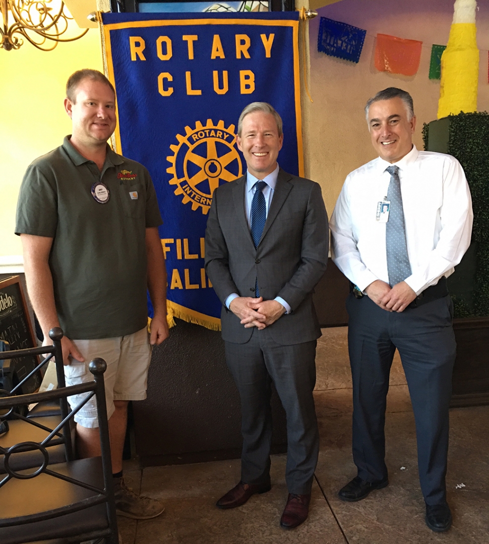 (l-r) Rotary President Andy Klittich, District Attorney Erik Nasarenko, and Fillmore Police Chief and Rotarian Garo Kuredjian. Photo credit Rotarian Martha Richardson.