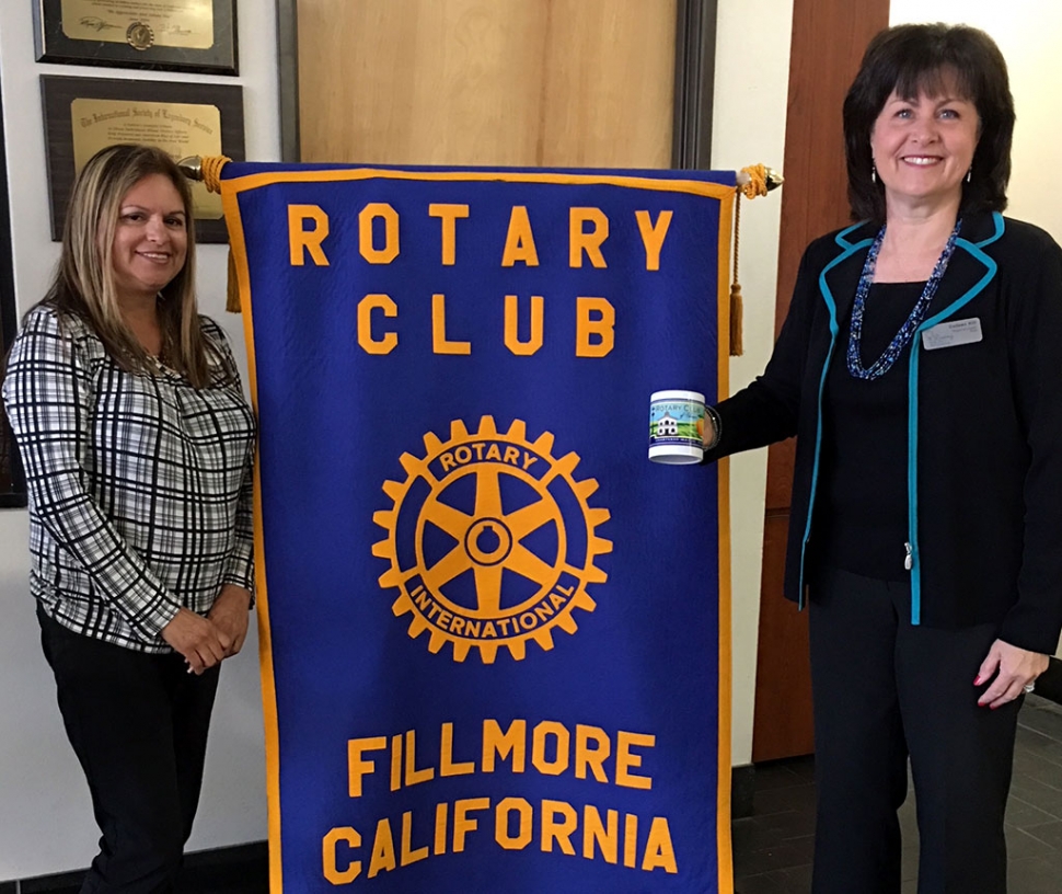 (l-r) Rotary President Nominee Ari Larson and Presenter Colleen Kill talking about Dining for Women-Changing The World One Dinner At A Time. Women all over the US meet for a meal or high tea in individual homes and learn about grassroots projects in developing countries to aid women and girls. When these women meet they donate money such as the price of a meal if they were dining out. Their organization then joins with a project to educate, give prenatal care, teach entrepreneurial skills for income, etc. Several women have visited these countries to see how the projects are empowering the women and girls. Photo courtesy Martha Richardson.