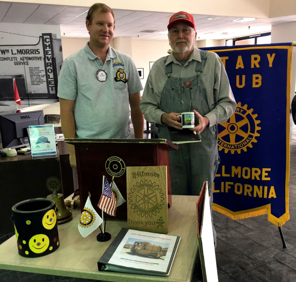 Pictured above is Rotary Club President Andy Klittich with Dan Phipps, from the Railroad Historical Museum, Dan presented on the mission of the Railroad Society which is the preservation of the railroad corridor from Santa Clarita to Montalvo, the main working area is Piru to Montalvo and promoting railroad education. Some of the activities they are part of is the Railroad Visitor Center where they have a miniature running train, train library, theater for watching train movies and a gift shop. He related that other groups may come and use the theater for movies. The group also maintains the turntable, behind the Fillmore Historical Museum, and works on maintenance, repair and painting on trains in the yard. While riding the trains they help the visitors enjoy the journey. If you love trains this is the place for you! Photo courtesy Martha Richardson.
