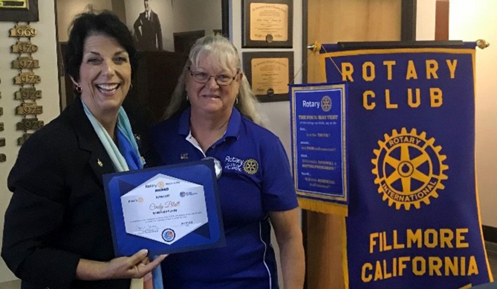 Rotary Club member Cindy Blatt (pictured on the right) was presented with the “Rotary People in Action Award,” from District 5240 Governor Sandi Schwartz (pictured on the left) on Wednesday, July 18, 2018! The award was presented to Cindy for her continued dedication to the club. Photo courtesy Ari Larson, President-Elect Rotary Club of Fillmore.