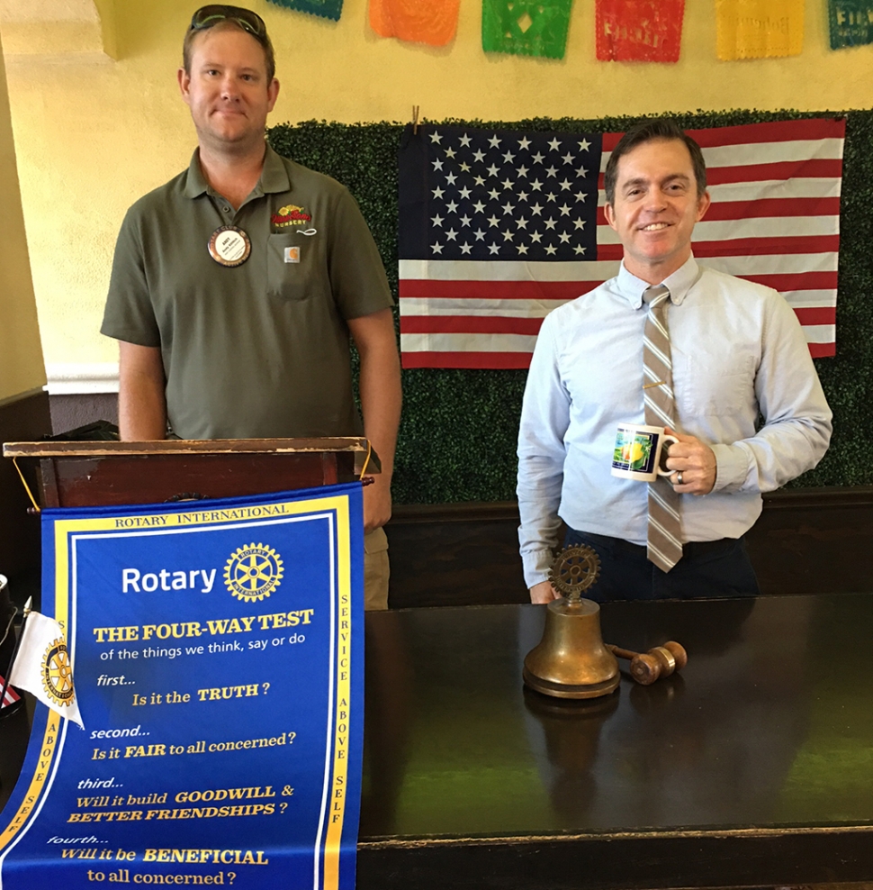 (l-r) Rotary Club of Fillmore’s President Andy Klittich with guest speaker Clay Downing. Downing works for the County of Ventura as the County Executive Officer in the Sustainability Division. This division works on developing and implementing durable sustainable energy initiatives that support sensible growth, healthy environment, economy and enhanced quality of life, and greater self-reliance for the region. Photo Courtesy Rotary Club member Martha Richardson.