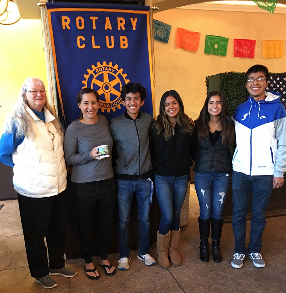 (l-r) Rotarian Cindy Blatt, Athletic Director Kim Tafoya, and four officers from the Fillmore High School Cross Country Team: Michael Camilo Torres, Alianna Tapia, Angelica Herrera and Diego Ramirez, who attended the Rotary meeting last week. Kim stated that these athletes are hard working, train for six months, running with distance between them at practice and must wear masks even when running. They are all committed to do their best in sports and academics. Photo courtesy Rotarian Martha Richardson.