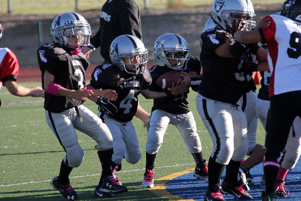 Raiders mighty mite's #3 and #4 make a path for #13 to make positive yardage