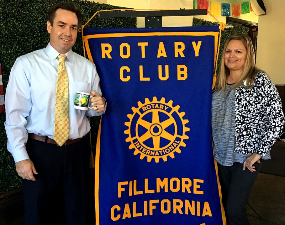 Picture is Rotary President Ari Larson presenting speaker Brian McCarthy, Senior Planner with the City of Fillmore Community Development Department, a Rotary mug as a thank you. Brian discussed new legislations from Sacramento, concerning housing issues and how they will impact Fillmore and Ventura County. Courtesy Martha Richardson.