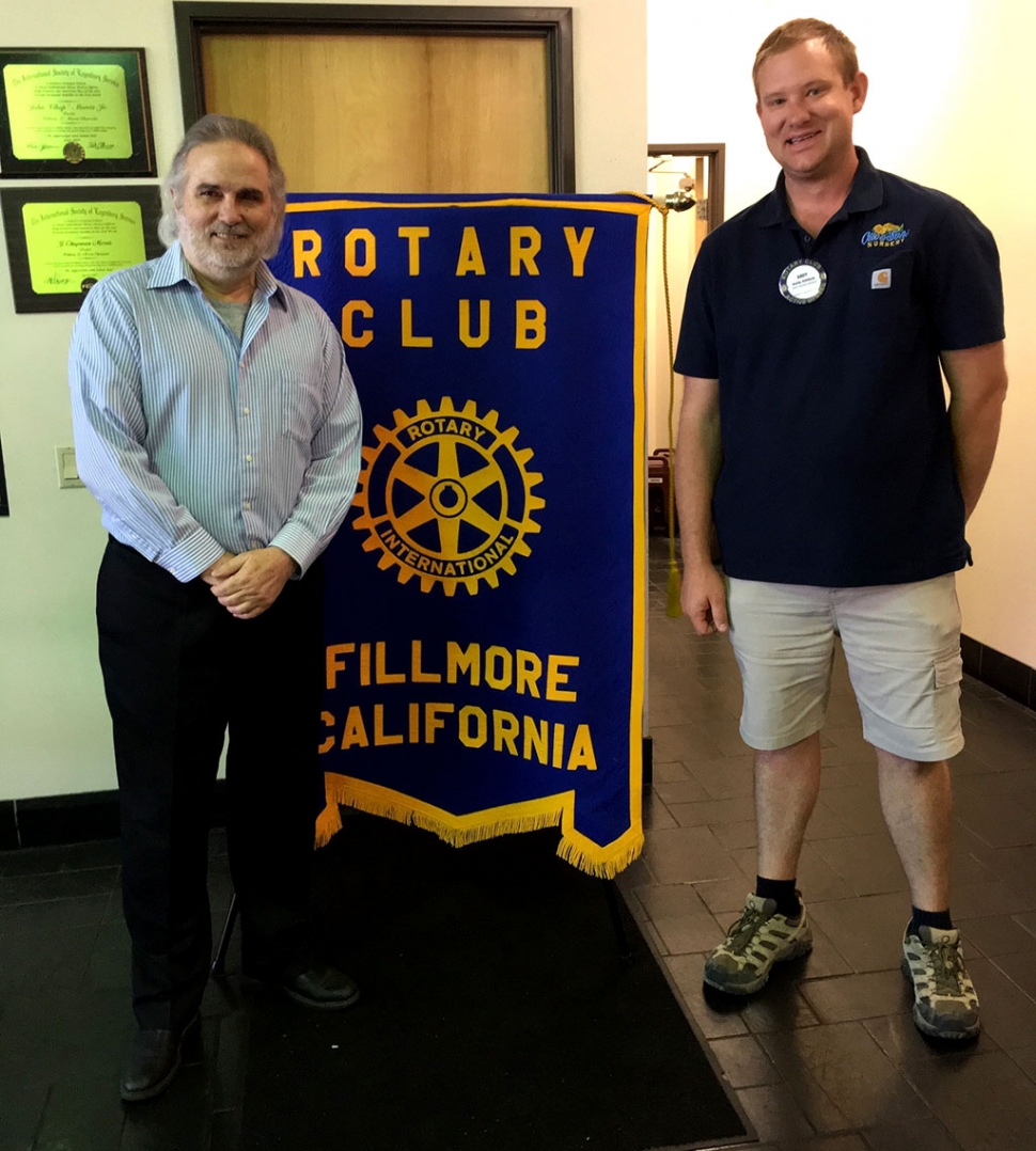 Don Price (left) standing with Rotary President Andy Klittich, presented a program on Climate Change to the Fillmore Rotary Club. Climate is long term weather, and many things contribute to it such as water resources, wild fires, sea level rise, and greenhouse gases. Moving forward the following are helping us use less fossil fuels: electric and hybrid cars, solar power and wind power. Photo courtesy Martha Richardson.