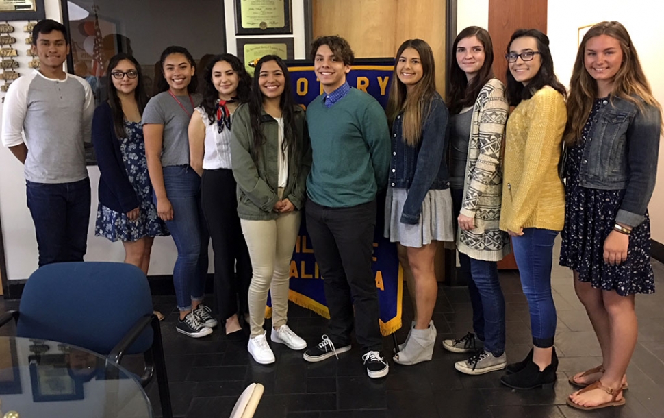 Fillmore Rotary Club awarded $11,800 to 2018 Fillmore High School scholarship recipients. Each student excelled in academics as well as extracurricular activities. Besides a Rotary Scholarship Raquel Guiza also received the Rigo Landeros Service “Above Self Scholarship” for exemplifying the qualities he represented. L-R are the Fillmore students who were awarded scholarships this year: Lorenzo Palomera, Raquel Guiza, Veronica Garcia, Paulina Guerrero, Maria Ruvalcaba, Ian Morris, Cali Wyand, Mishell Beylik, Alexia Rangel, and Moorpark HS student Kayla Reiman. Photo courtesy Martha Richardson.