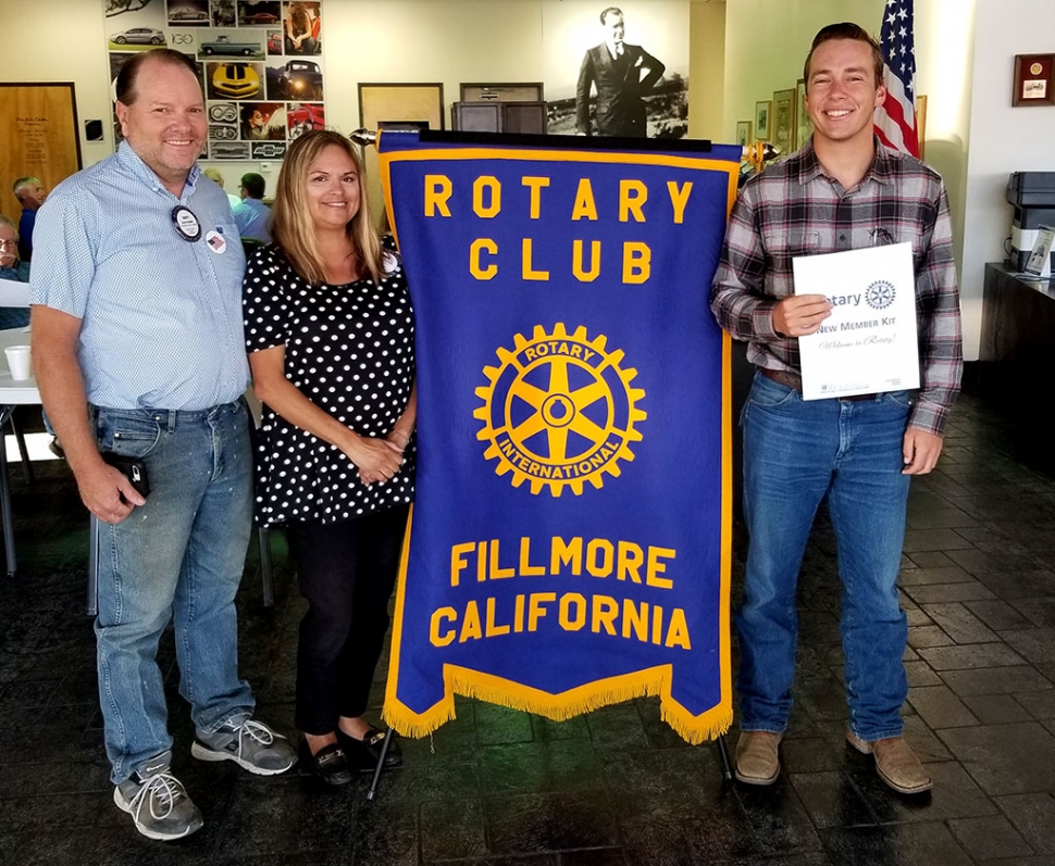 The Rotary Club of Fillmore inducted new member Nick Johnson of Fillmore on July 10th. Pictured (l-r) is sponsor Scott Beylik, President Ari Larson, new member Nick Johnson. Photo courtesy Martha Richardson.