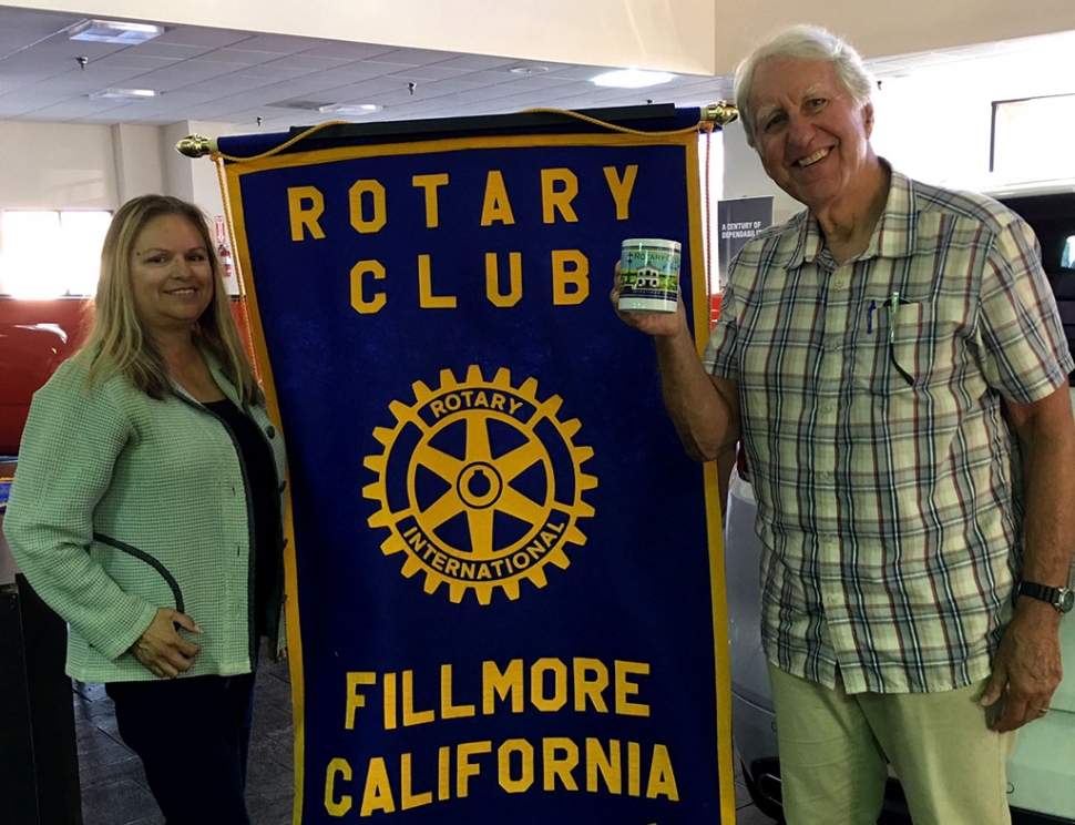 Pictured is Rotary President Ari Larson and speaker Harlan Green, from the Montecito Rotary Club. He informed the Club about the Congo Peace School, located in the Eastern Democratic Republic of Congo. His Club has been sponsoring this area for many years, starting with a water project and now the school. The Bukavu Mwangaza Rotary Club requested that we aid them in raising funds to furnish and equip the school to teach 522 students in 6 Elementary, 6 Secondary grades, plus 2 preschool grades. The Montecito Club has a Global Grant and will be matching up to $9,000 in donations from other District Clubs. Fillmore Rotary will be involved in this project. Photo Courtesy Martha Richardson.