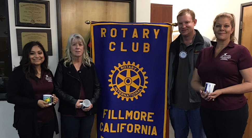 Teen Challenge presenters Katie, Director Rosie Weir and Ashley gave an informative program to Fillmore Rotary Club last week. They are pictured with Rotary president Andy Klittich. Teen Challenge is a one year residential program in Ventura for women 18 and up. The program helps people become mentally sound, emotionally balanced, physically well and spiritually alive. Photo courtesy Martha Richardson.