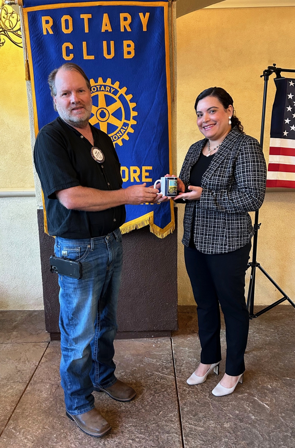 Pictured (l-r) is Rotary Club President Scott Beylik presenting Fillmore Assistant City Manager Erika Herrera with a Rotary mug as a thank you for being last week’s guest speaker. At the meeting Erika Herrera informed the Club that the City of Fillmore is committed to keeping residents informed about various departments, events, and initiatives through its digital platform. By signing up for the “Notify Me” feature on the City’s website, go to www.fillmoreca.gov, residents can receive timely alerts and stay updated on important matters. You can scroll down on the website and view two calendars 1. Council meetings and 2. Events calendar. Photo credit Martha Richardson.