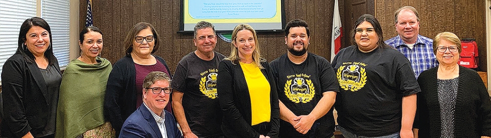 On Tuesday, March 15th, Sierra High Principal Amber Henrey gave a presentation highlighting Sierra High staff and students and explained the unique opportunities that Sierra High School offers Fillmore students. Pictured (left to right) is Superintendent Christine Schieferle, Trustee Tricia Gradias, Trustee Olivia Palacio, Trustee Sean Morris, Sierra High science teacher Mike Karayan, Sierra High Principal Amber Henrey, Sierra High social studies teacher Jonathan Gonzalez, Sierra High student Angela Ramirez, Trustee Scott Beylik, and Trustee Lucy Rangel. Courtesy https://www.blog.fillmoreusd.org/.