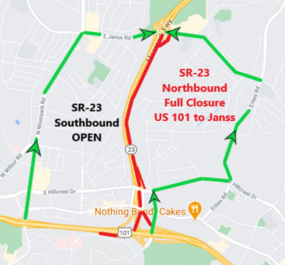 57-hour weekend full closure of northbound lanes on State Route 23 (SR-23) from U.S. 101 to Janss Road in Thousand Oaks for pavement rehabilitation.