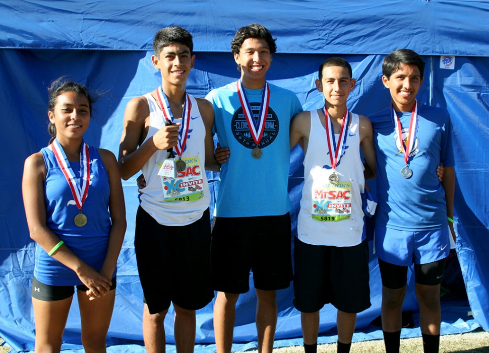 Fillmore High School’s Medalists at the 2014 Mt. Sac Invitational. (l-r) Freshman Jackie Chavez (5th place), Sophomore Johnny Martinez (1st place), Senior Francisco Erazo (11th place), Freshman Michael Sanchez (11th place), and Sophomore John Chavez (7th place).