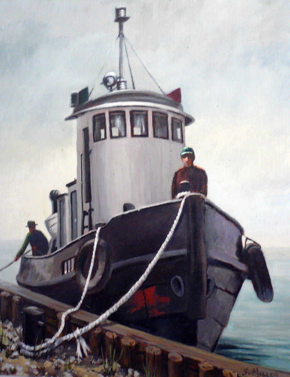 “Tugboat” oil on canvas by Sally Miller.