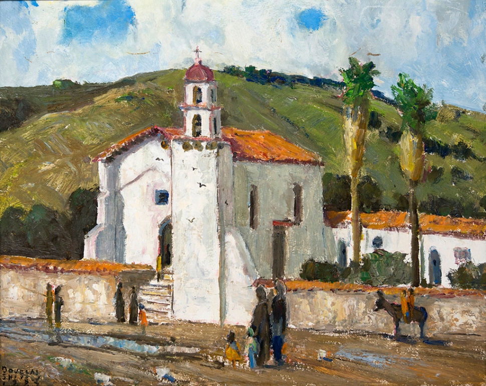"San Buenaventura Mission" by Douglas Shively, 1987, oil on board, 16x20