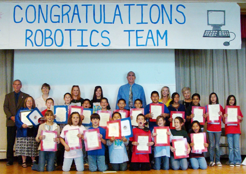 Pictured is the San Cayetano Robotics Team with “Special Friends” at an awards assembly honoring the new innovative program. One team took 1st place and another team took 4th place in a competition at JPL March 17, 2009. The competition was for NASA Explorer Schools for Southern California. The “Special Friends” in the picture include : Jan Marholin, Principal San Cayetano, Ota Lutz Education Coordinator for NES Schools JPL, Mr. Stan Mantooth, Superintendent Ventura County Schools, Mr. Jeff Sweeney, Superintendent FUSD, Mrs. Linda Johnson , Representative for Senator Runner, Mrs. Dana Nielsen, Representative for Assemblymember Strickland. Next year San Cayetano hopes to expand the program into the third grade as currently it is offered in the fourth and fifth grades.