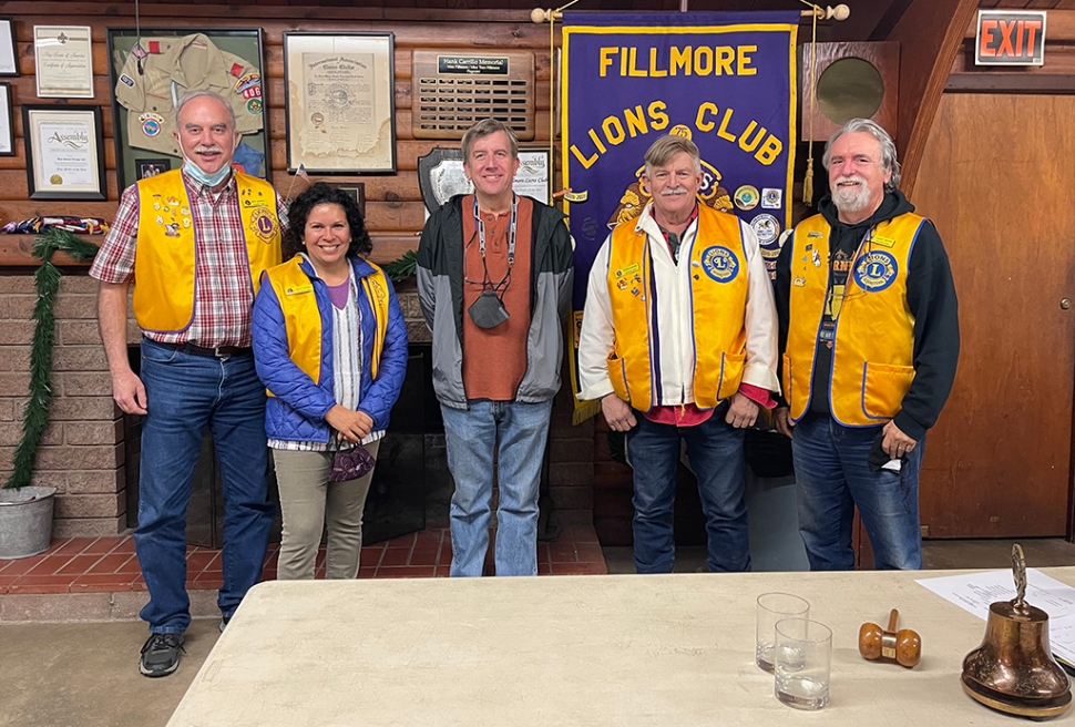 On January 3rd Fillmore Lions Club hosted the first meeting of the 2022. Pictured are Lions Club members with guest speaker Sean McCulley, new owner of the Fillmore Towne Theatre and founder of Mud Turtle Media LLC, who spoke about his ideas for the Theatre. (l-r) Brett Chandler, Jaclyn Ibarra, Sean McCulley, Steve McKeown, and Larry Brown. Photo courtesy Jaclyn Ibarra.