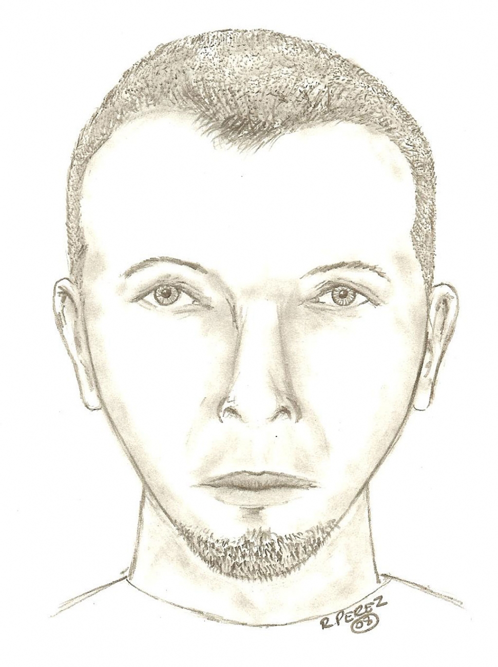 Composite Sketch of the suspect. Description: White male, late 20s early 30s, short brown hair, bluish-green eyes, 5’07” to 5’08” tall, 150 to 160 lbs, thin medium build, white T-shirt with unknown design on front, blue jean shorts, black shoes.