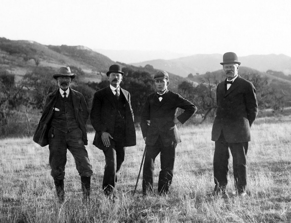 Solvang's Founders. The Rev. J.M. Gregersen (far right) stands with (left to right) land agent Mads Frese and fellow founders P.P. Hornsyld and the Rev. Benedict Nordentoft. Courtesy of Elverhoj Museum of History and Art.