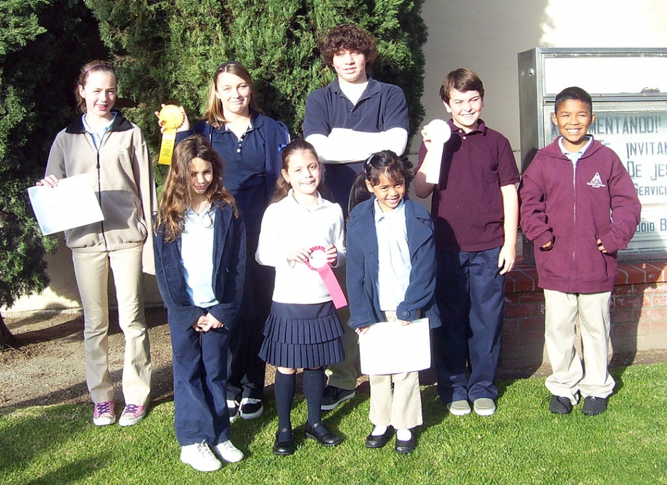 Fillmore Christian Academy sent eight students to compete in the ACSI District 6 Spelling Bee held at Cornerstone Christian School in Camarillo. All of the students competing are pictured above. Those receiving ribbons are the following: Sasha Adame 2nd Place, Noah Laber 3rd Place, Jacob Brooks 3rd Place and CeCe Flinn 4th Place; Back row: Sarah Stewart, CeCe Flinn, Jacob Brooks, Noah Laber, Joshua Sandoval; Front row: Ashley McKnight, Sasha Adame, ImaJoy Zerrudo.