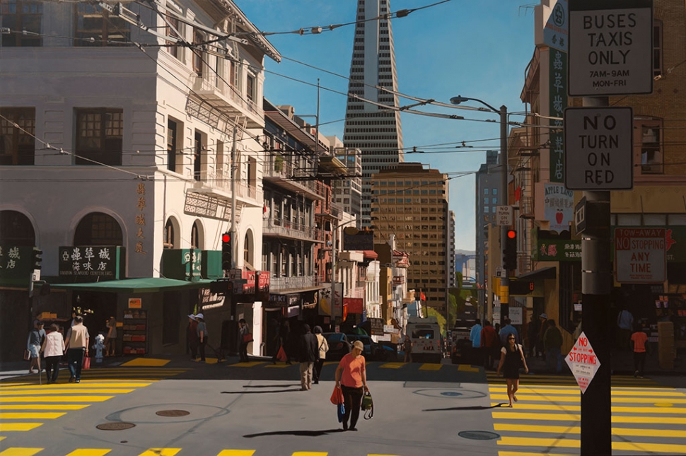 "Stockton & Clay, S.F," an oil painting by Seth Tane