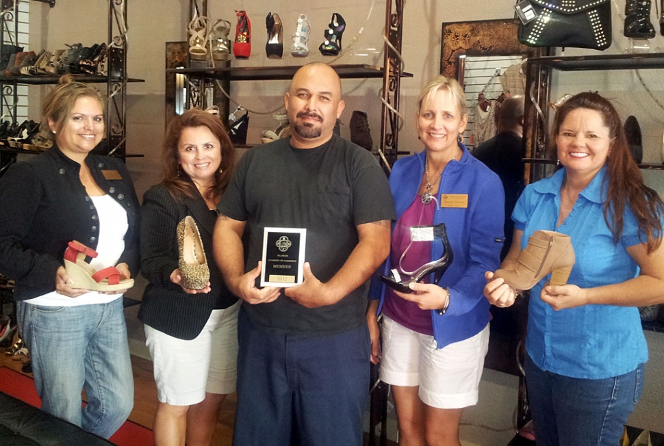 Standing inside That’s Cherry with Owner Scott Torres who is proudly displaying the fashionable shoes he carries. (l-r) Ari Larson – Chamber Vice President, Theresa Robledo – Chamber Board Director, Rudy (Scott) Torres - Owner of That’s Cherry, Tammi Hobson - Chamber 2nd Vice President, Cindy Jackson - Chamber President.