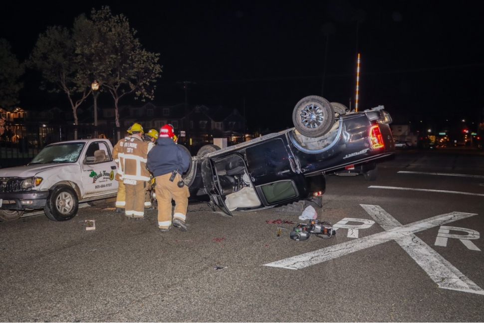 On April 14, at 12:17 a.m., Fillmore Police, Fillmore City Fire, and AMR Paramedics responded to a traffic collision near Mountain View Street and Main Street. When deputies arrived, they discovered a black pickup truck on its roof as well as two other parked vehicles that had been damaged. The driver of the pickup truck was reported to have exited the vehicle before fire authorities arrived; no ambulances transports were made. It is unknown whether alcohol or drugs were a factor. Cause of the crash is being investigated. Photo credit Angel Esquivel-Firephoto_91.