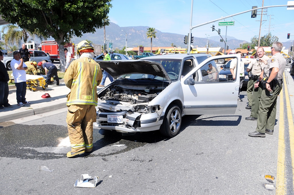 Friday, at approximately 12:30 p.m. an accident occurred near the intersection of A Street and Ventura Street. A late model Mercury van struck a Chevrolet Silverado pickup on the left rear bumper. Moderate damage appeared to have been caused to both vehicles. The female driver of the Mercury was transported by ambulance to a local hospital for observation.