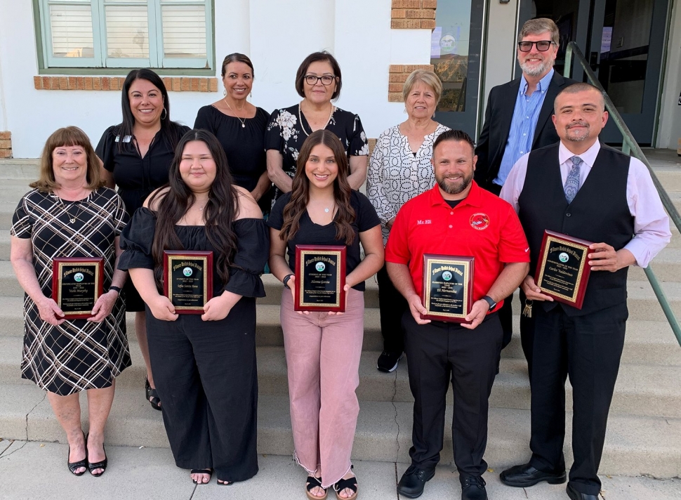 Congratulations to Classified, Certificated, Administrator, Fillmore High Student, and the Sierra High Student of the Year who were recognized at last week’s Fillmore School Board meeting. Pictured (l-r) are Vicki Murphy (Certificated Staff of the Year), Sofia Santa Rosa (Student of the Year, Sierra High School), Alanna Garcia (Student of the Year, Fillmore High School), Eli Hernandez (Classified Staff of the Year), and Carlos Valdovinos (Administrator of the Year). Photo courtesy  https://www.blog.fillmoreusd.org/fillmore-unified-school-district-blog/2023/5/22/staff-and-students-of-the-year-recognized-at-school-board-meeting. See Student of the Year bios on page 10, Classified, Certificated, Administrator bios in next week’s Gazette.