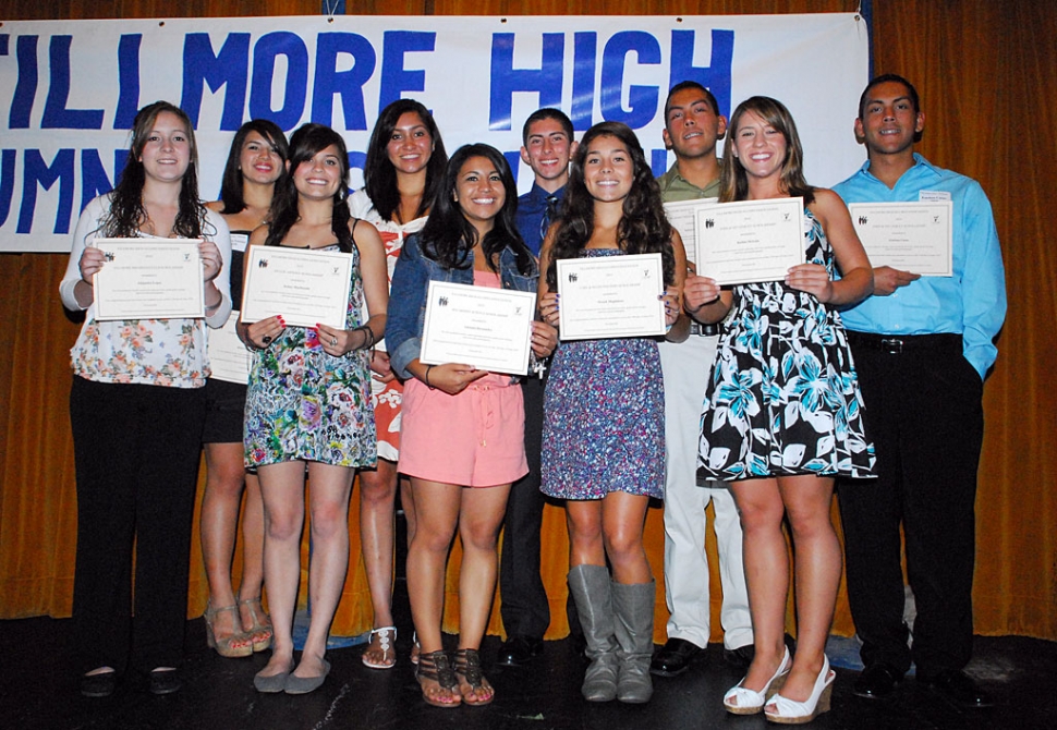 Pictured above are the winners of the Fillmore High Alumni Scholarships, not in order: Esteban Casas, Kellsie McLain, Andres Casas, Anthony Chavez, Jazzmin Galvez, Amanda Hernandez, Megan Louth, Kelsey MacDonald, Moneh Magdaleno, Rebecca Vassaur, and Alejandra Lopez. The students were honored at the Alumni Dinner held at the Memorial Building last Saturday night.