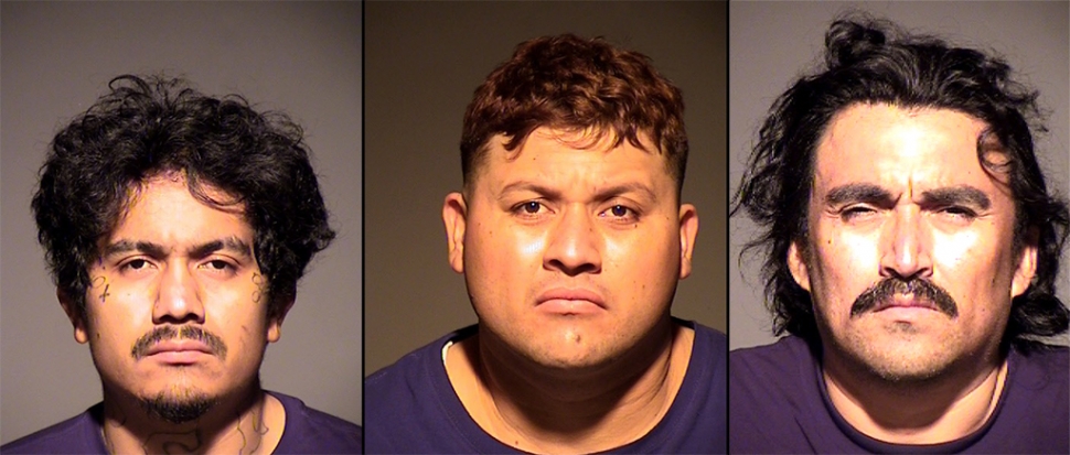 Pictured are arrested suspects Marcelo Ramirez, Victor Trujillo and Billy Nava, all from Los Angeles. Photos credit Santa Paula Police Department.