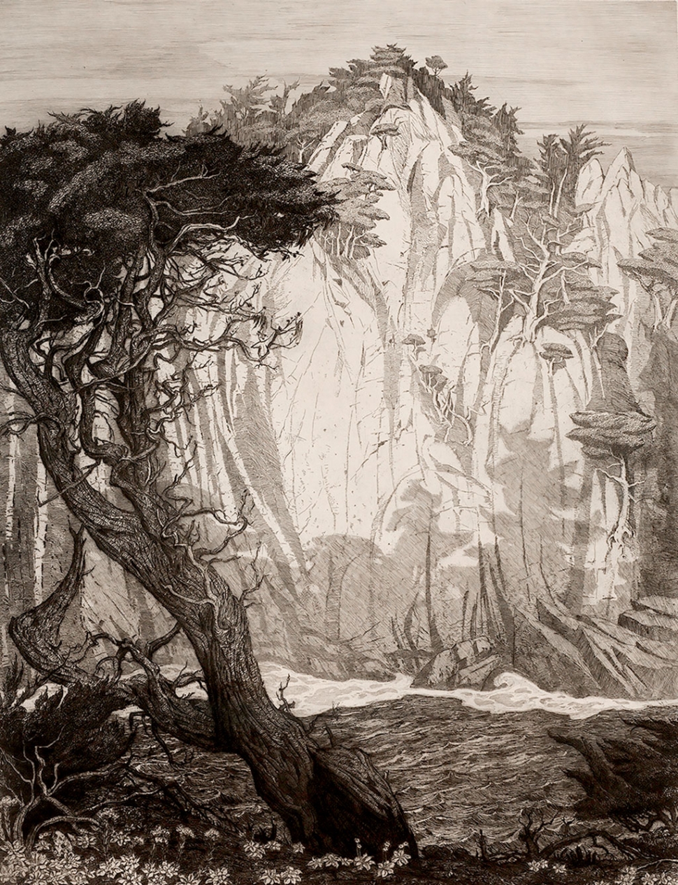 “Passing Shadows, Point Lobos” by Cornelis Botke, 1923, etching on paper, 25” x 19”, Collection of Janet and Wylie Greig