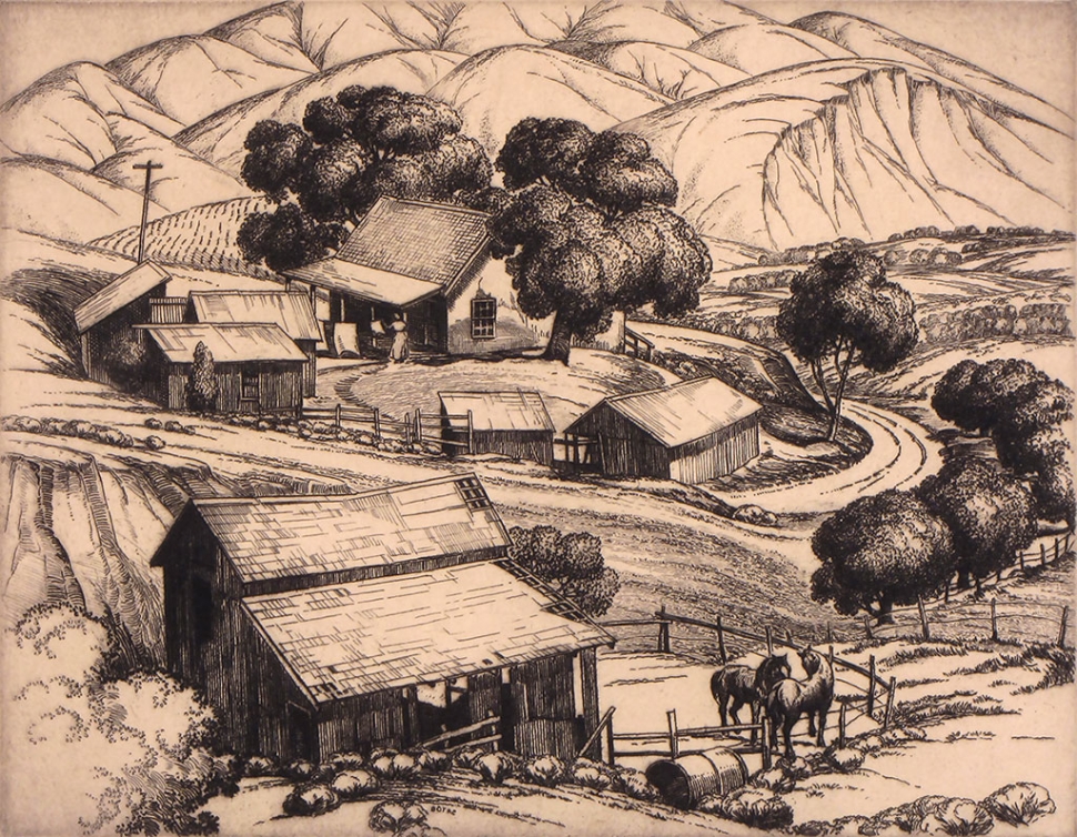 “Foothill Ranch” by Cornelis Botke, 1936, etching on paper, 7.5” x 9.5”.