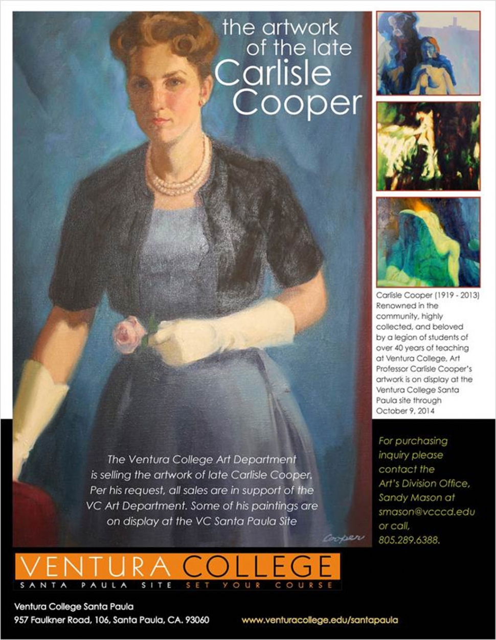 Carlisle Cooper (1919-2013),  renowned in the community, highly collected, and beloved by a legion of students of over 40 years of teaching at Ventura College. The Ventura College Art Department is selling the artwork of the late Carlisle Cooper. Per his request, all sales are in support of the VC Art Department. Some of his paintings are on display at the VC Santa Paula Site.  Gallery hours are Monday through Thursday, 8:00 a.m. to 8:30 p.m.  The site is located at 957 Faulkner Road, 106, Santa Paula, CA 93060.