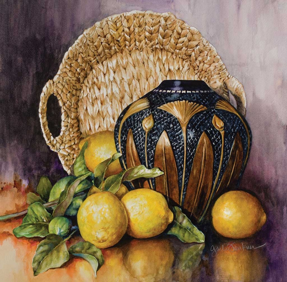“Lemons and Gingko” by Gail Faulkner, watercolor, 24” x 24”, Collection of the Artist.