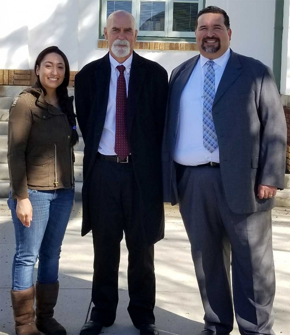 (l-r) Becky Cobos from the Fillmore Chamber of Commerce, Stefan Cvijanovich 2017 School District Administrator of the Year and Fillmore Unified School District Superintendent Dr. Adrian Palazuelos. Photo Courtesy Ari Larson