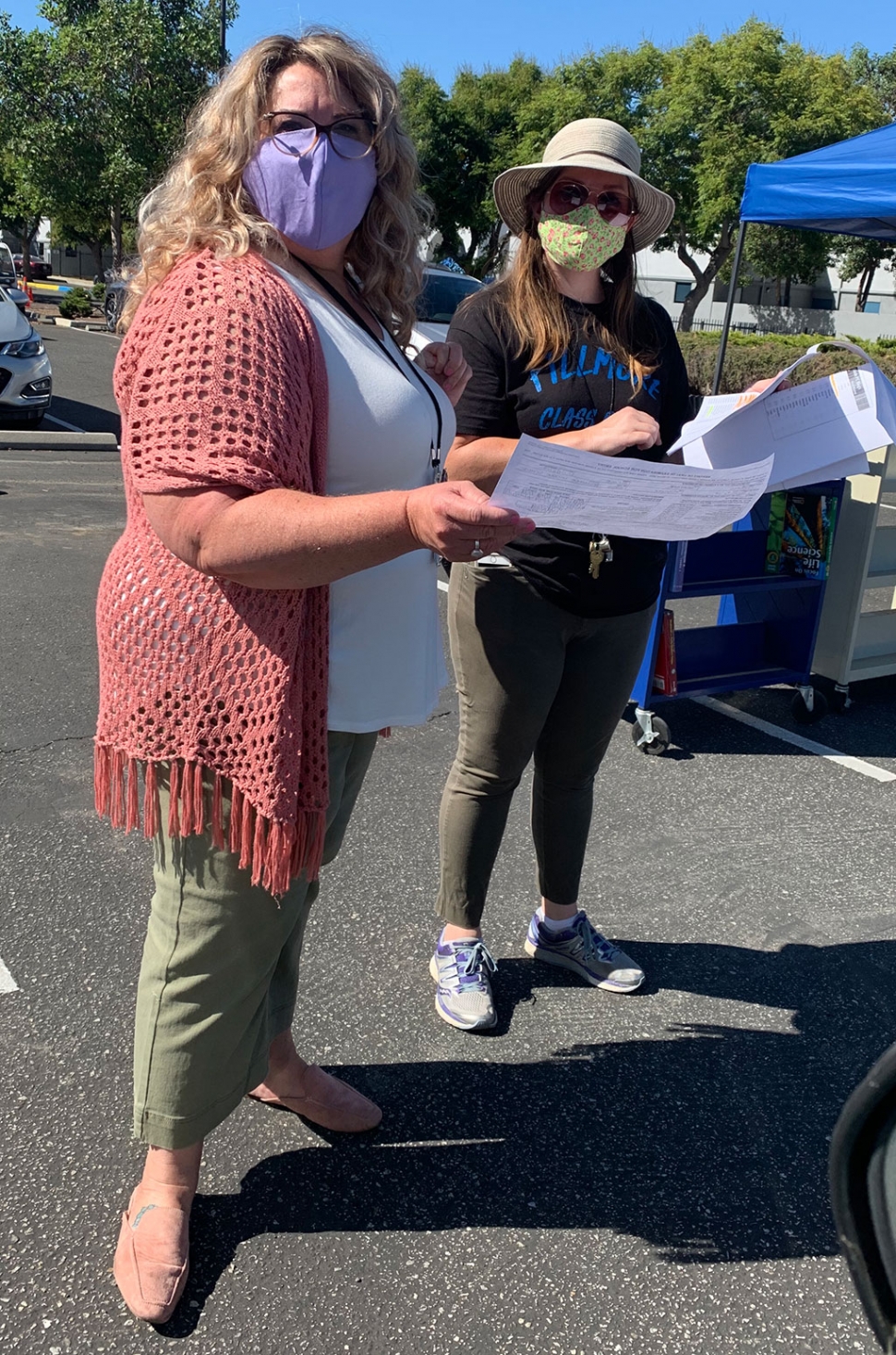 Preparing for remote school to begin, drive-thru pickup was open last Wednesday, August 12th at the Fillmore Middle School parking lot. Nurse Karen was there to collect immunization records, while Assistant VP Cara checked to make sure everyone was enrolled.