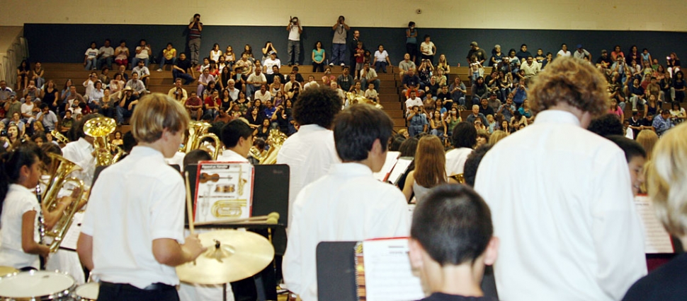 History was made in the Fillmore Middle School gym on Monday, May 18, 2009! Elementary Schools Band Director Juliette Resor, Art Teacher Doris Nichols and Middle School Band Director Greg Godfrey presented the first “FUSD Elementary Schools and Middle School Band Concert and Art Show.” The event brought together over 50 middle school art students, and 300 music students from Beginning to Advanced Band classes hailing from Piru, Sespe, Mountain Vista, San Cayetano and FMS. There was not an empty seat in the house as the appreciative crowd of over 600 family, staff and community members enjoyed the talents of our very own artists and musicians. The 300 4th through 8th graders ended the evening by standing together for the first time ever, and played the rousing “Power Rock” as the biggest band our District has ever enjoyed. Thank you to all who continue to support our musicians and artists with your time and presence.