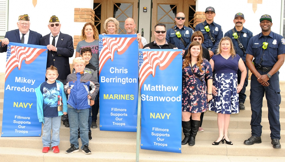 On Wednesday, June 5th, at 10 a.m., three new Military Banners were installed. Family and friends came out for the dedication. Pictured above are the banners for Matthew Stanwood (USMC), Chris Berrington (Navy), and Mikey Arredondo (Navy), with their family and friends Kassondra Stanwood, Julie Gurkweitz, Bud Gurkweitz, Joe Gosser, Jo-Ellen Poston, Caroline Gurkweitz, Domitri Gurkweitz, Jan Chennault, John Berrington, Stacey Berrington, Nancy Cottrell, Garrett Swetman, Wyatt Swetman, Emmett Swetman, and Station 27 Fire Fighters.